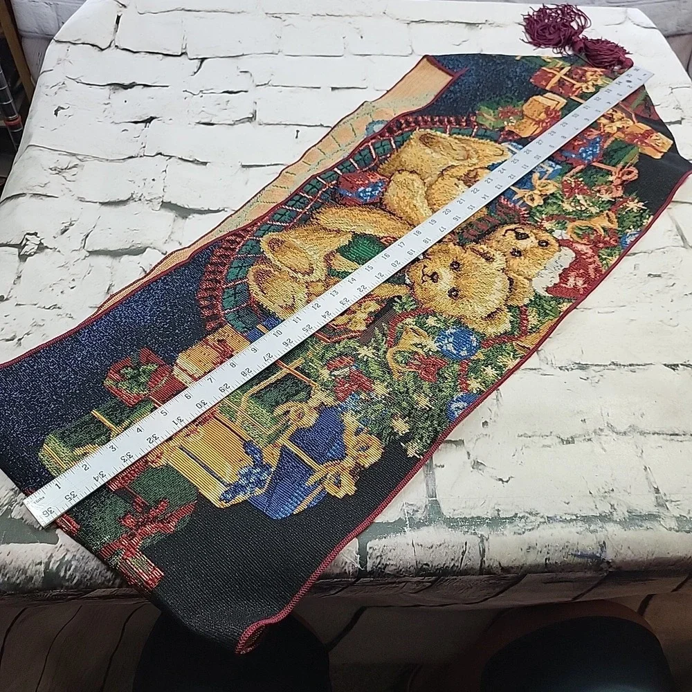 Holiday Table Runner‎ Christmas Presents Teddy Bears 2 Yards Long Woven Tassels